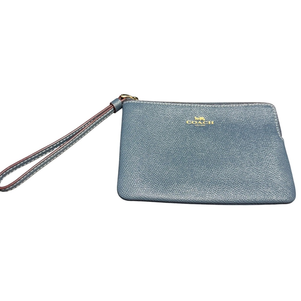 Coach Corner Zip Wristlet Blue (waterfall) Crossgrain‎ Leather Gold Logo 58032
